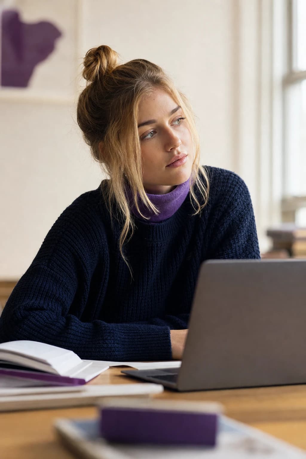 A student studying in a bright, quiet room