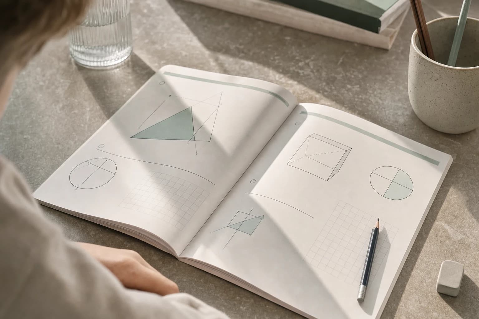 An open workbook with diagrams, a pencil, and soft window light